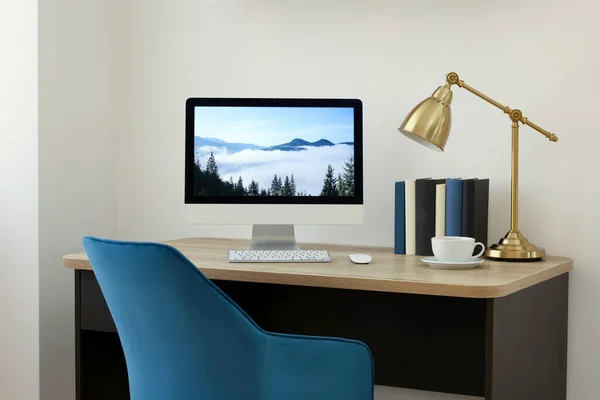 Cozy Workspace Computer Wooden Desk Comfortable Chair Home — Φωτογραφία Αρχείου