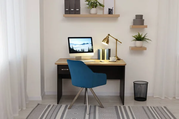 Cozy Workspace Computer Wooden Desk Comfortable Chair Home — Φωτογραφία Αρχείου