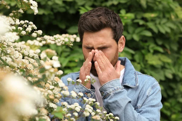 Hombre Que Sufre Alergia Polen Estacional Cerca Del Árbol Flor —  Fotos de Stock