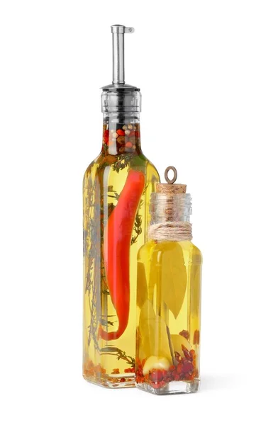 Glass Bottles Cooking Oil Spices Herbs White Background — 스톡 사진