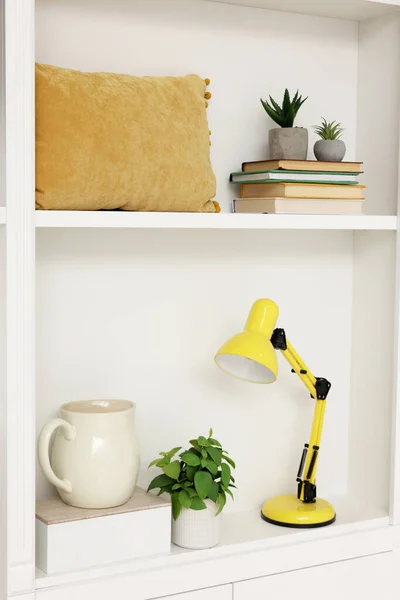 Shelves Lamp Books Different Decor Indoors Interior Design — Stock Photo, Image
