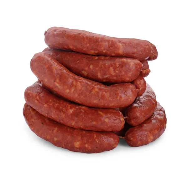 Many Fresh Raw Sausages Isolated White Meat Product — Stock Photo, Image