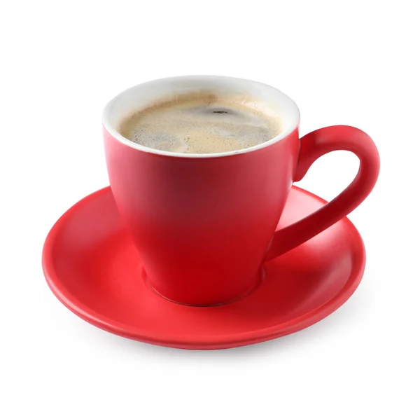 Czerwony Kubek Aromatyczną Kawą Izolowaną Białym — Zdjęcie stockowe