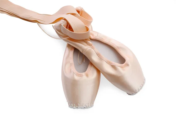 Hermosos Zapatos Ballet Beige Con Cintas Lindas Aisladas Blanco Vista — Foto de Stock