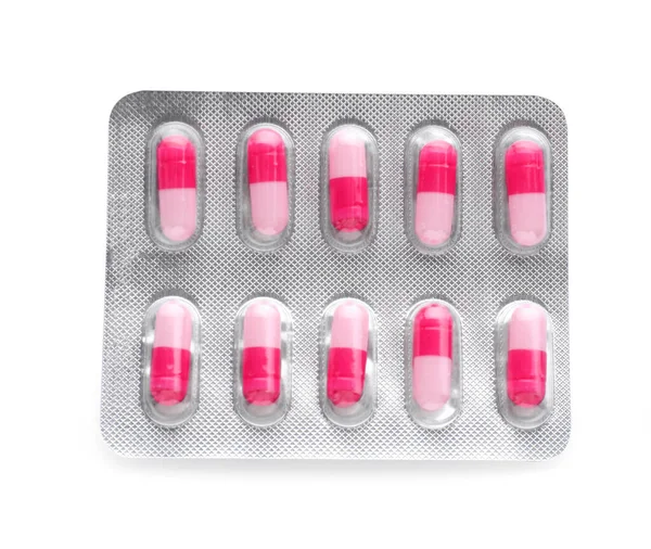 Plaquette Thermoformée Avec Des Pilules Antidépresseurs Isolées Sur Blanc Vue — Photo