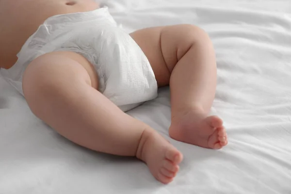 Little Baby Diaper Lying Bed Closeup — Fotografia de Stock
