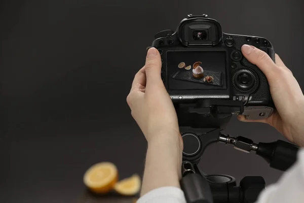 Food Stylist Taking Photo Delicious Dessert Studio Closeup Space Text — Stock Photo, Image