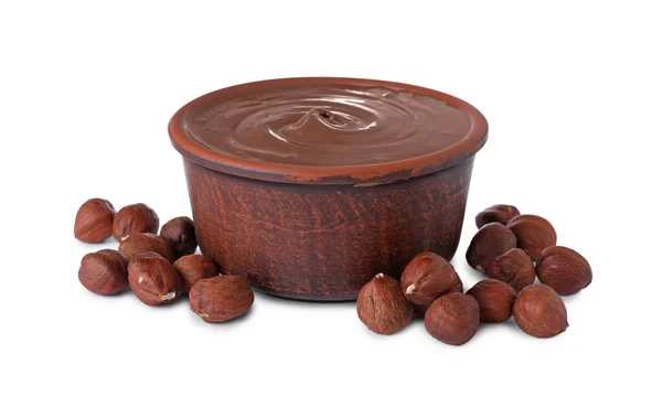 Bowl Delicious Chocolate Paste Hazelnuts White Background — Stock Photo, Image