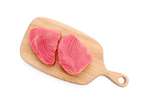 stock image Fresh raw tuna fillets on white background, top view