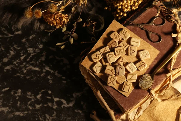 Many Wooden Runes Dried Flowers Old Books Altar Flat Lay — Stock Photo, Image