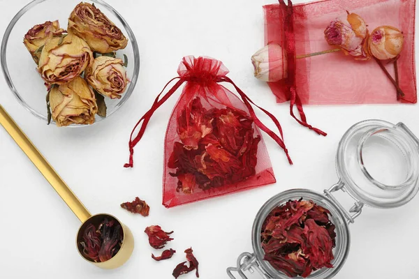Scented Sachets Dried Rose Hibiscus Flowers White Table Flat Lay — Stock Photo, Image