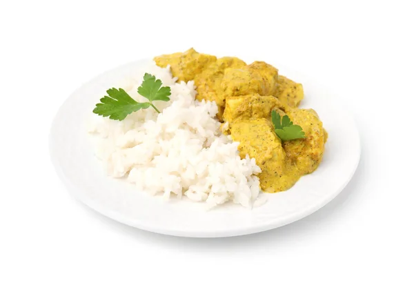 Delicious Rice Chicken Curry Sauce Isolated White — Stock Photo, Image