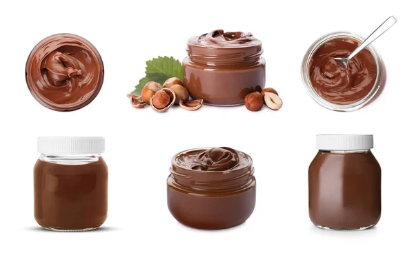 美味可口的巧克力酱 白色背景的罐子和榛子 拼贴设计 — 图库照片