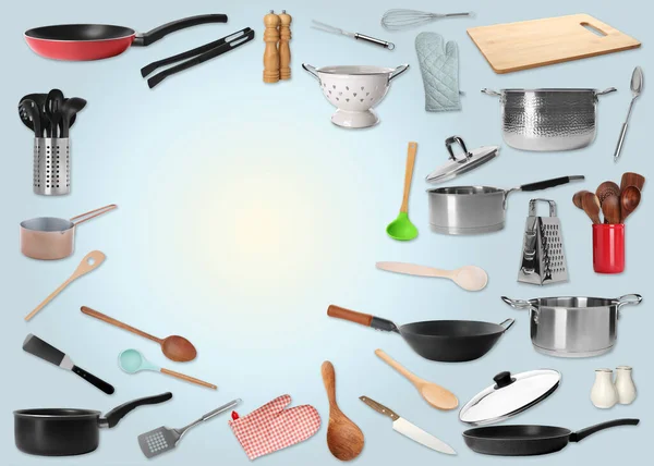 Frame Different Kitchenware Light Blue Background Space Text — Stock Photo, Image