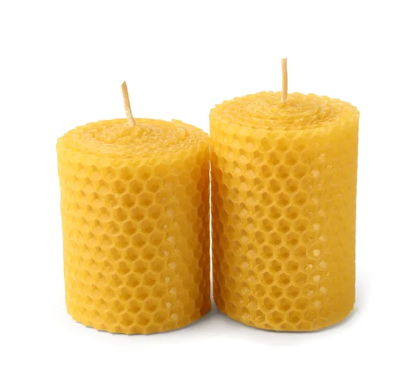 Stylish Elegant Beeswax Candles Isolated White — 图库照片#