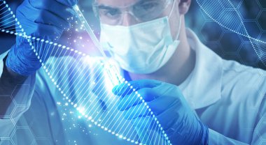 Genetik. Bilim adamı ve illüstrasyonların fotoğraflarıyla çifte pozlama, afiş tasarımı