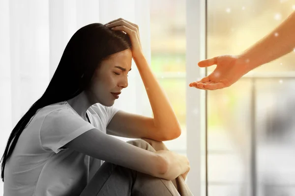 Empathy Man Offering Helping Hand Depressed Woman Indoors Closeup Transition — Stock Photo, Image