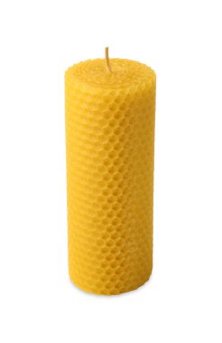 Stylish elegant beeswax candle isolated on white