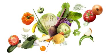 Birçok taze sebze ve bitki beyaz arka plana düşüyor.