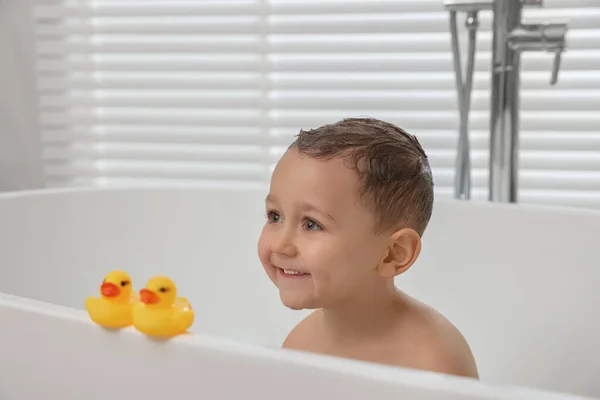Cute Little Boy Washing Hair Shampoo Bathroom — 图库照片
