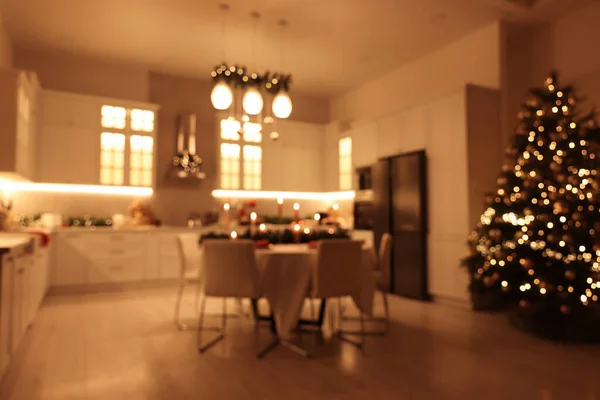Blurred View Cozy Kitchen Decorated Christmas Interior Design — 图库照片