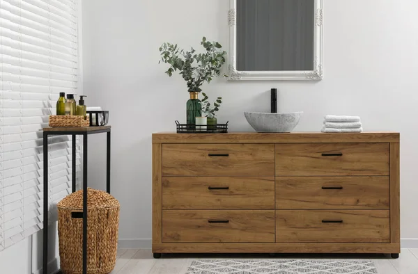 Modern Bathroom Interior Stylish Mirror Eucalyptus Branches Vessel Sink Wooden — 스톡 사진
