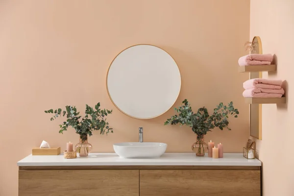 Stylish Mirror Eucalyptus Branches Vessel Sink Modern Bathroom Interior Design — Stock Photo, Image
