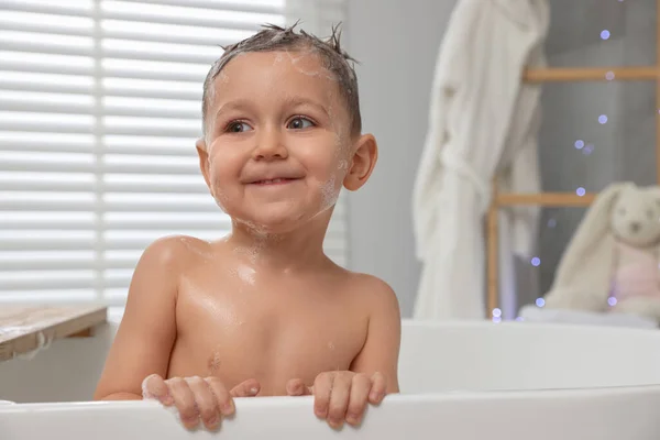Cute Little Boy Washing Hair Shampoo Bathroom — Stock Fotó