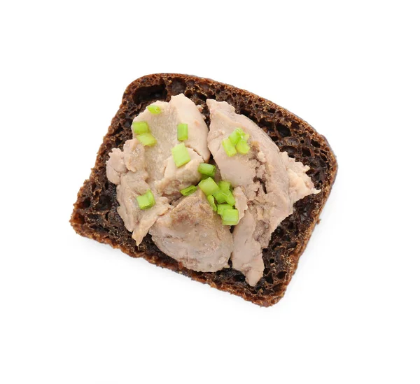 Smaklig Smörgås Med Torsklever Och Grön Lök Isolerad Vit Ovanifrån — Stockfoto