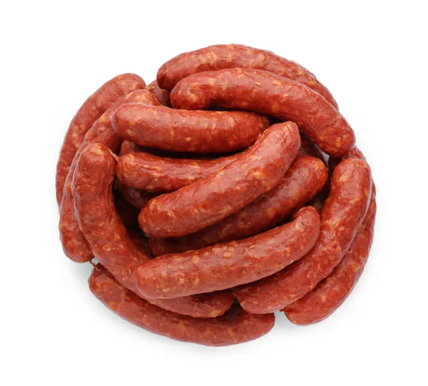 Many Fresh Raw Sausages Isolated White Top View Meat Product — Stock Photo, Image