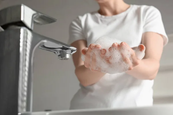 Woman Washing Hands Cleansing Foam Sink Bathroom Closeup — Zdjęcie stockowe