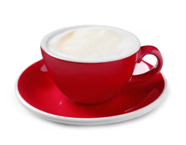 Червона Чашка Ароматним Капучино Ізольовано Білому — стокове фото