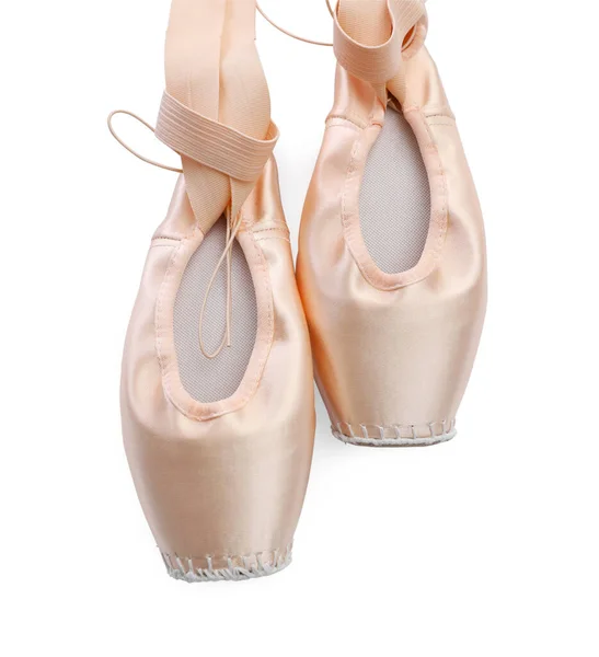 Hermosos Zapatos Ballet Beige Con Cintas Lindas Aisladas Blanco Vista —  Fotos de Stock