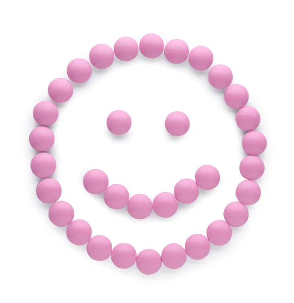 Rosto Feliz Feito Pílulas Antidepressivas Rosa Isoladas Branco Vista Superior — Fotografia de Stock
