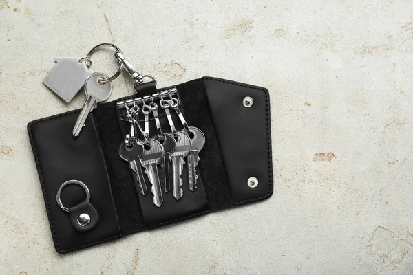 Stylish Leather Holder Keys Light Grey Table Top View Space — Zdjęcie stockowe