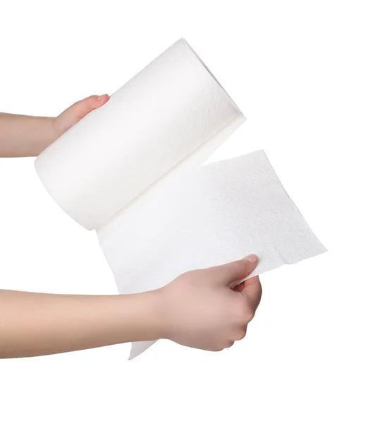 Woman Tearing Paper Towels White Background Closeup — Stock Photo, Image