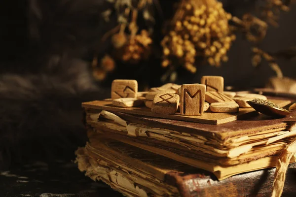 Many Wooden Runes Old Books Altar Closeup Space Text — Stock Photo, Image