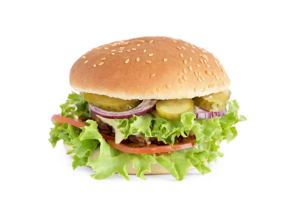 Νόστιμο Burger Μπιφτέκι Και Μαρούλι Που Απομονώνονται Λευκό — Φωτογραφία Αρχείου