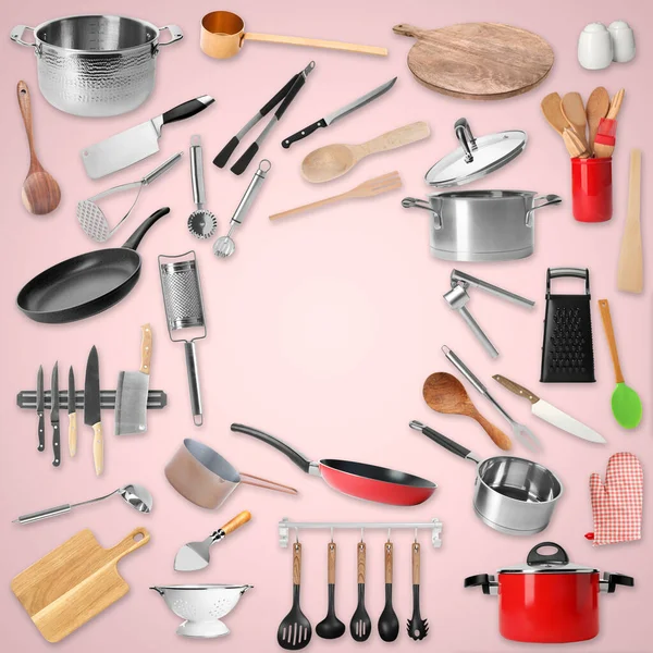 Frame Different Kitchenware Pale Pink Background Space Text — Stock Photo, Image