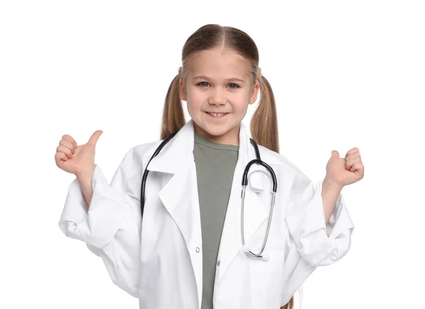 Little Girl Medical Uniform Stethoscope Showing Thumbs White Background Stock Photo