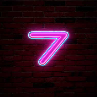 Tuğla duvarda 7 numaralı parlak neon ışığı.