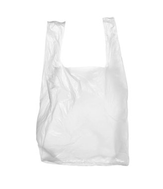 Beyaza izole edilmiş boş bir plastik torba.
