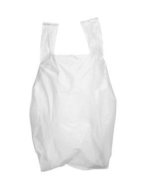 Beyaza izole edilmiş boş bir plastik torba.