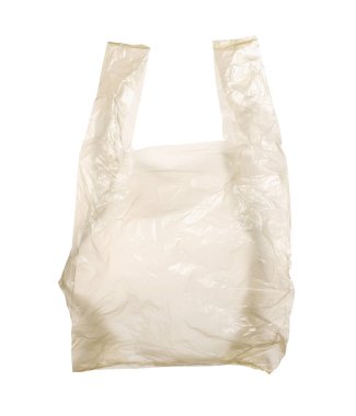 Beyaza izole edilmiş boş bir plastik torba.
