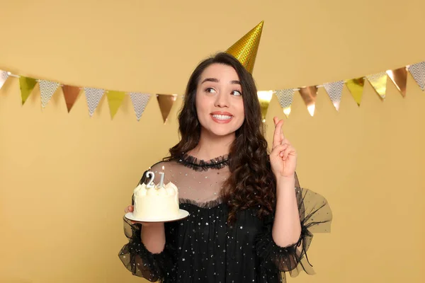 Coming Age Party 21St Birthday Smiling Woman Holding Delicious Cake — Φωτογραφία Αρχείου