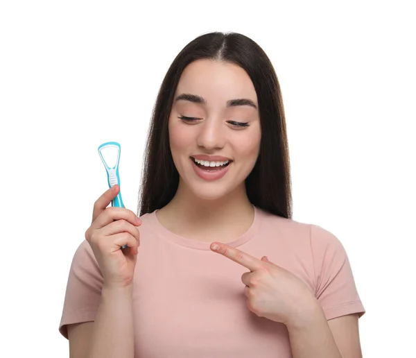 Happy Woman Showing Tongue Cleaner White Background — Stock Photo, Image
