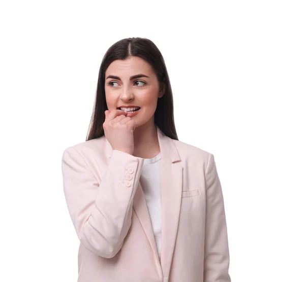 Schöne Junge Geschäftsfrau Steht Auf Weißem Hintergrund — Stockfoto