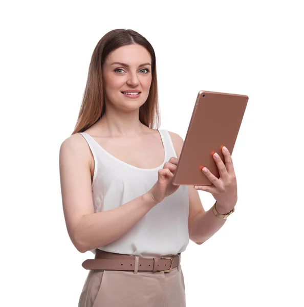 Beautiful Businesswoman Tablet White Background — Stock Photo, Image