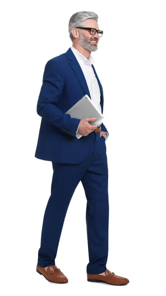 白い背景のタブレットとスタイリッシュな服の成熟したビジネスマン — ストック写真