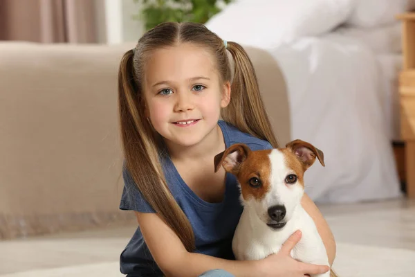 Cute Girl Her Dog Home Adorable Pet — Stock Photo, Image